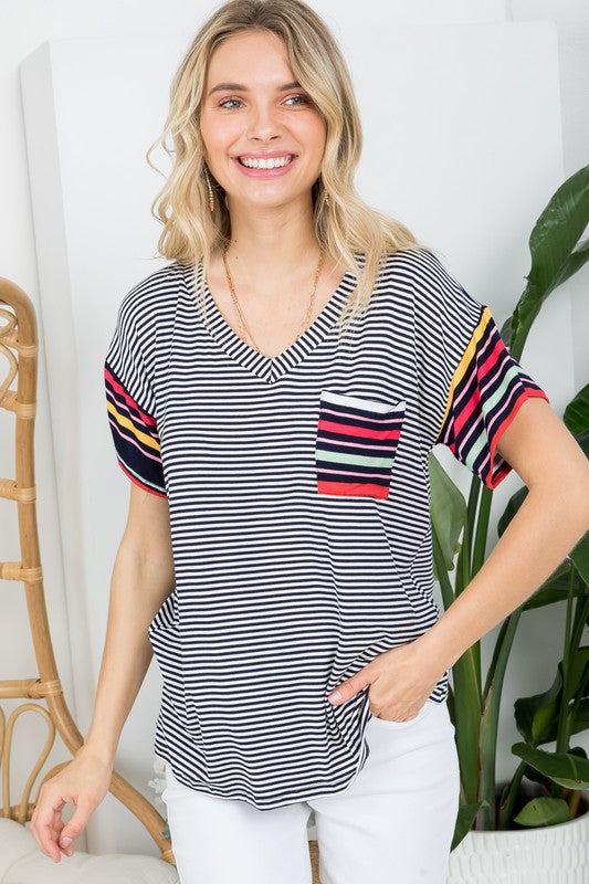 PLUS MULTI STRIPE BOXY TOP- Plus multi stripe boxy top- Pullover short sleeves- V neck chest pocket- Multi stripe jersey - 1X/2X/3X 2-2-2- 95% RAYON, 5% SPANDEX- MADE IN U.S.A
Style: Casual
P