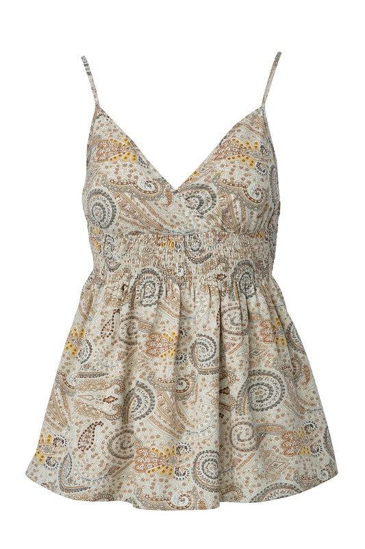 A line cami top- A line cami top with adjustable shoulder straps- Pattern type : paisley print- Sleeve type : sleeveless- Stretch : no stretch- Sheer : lined. no see through- Care 