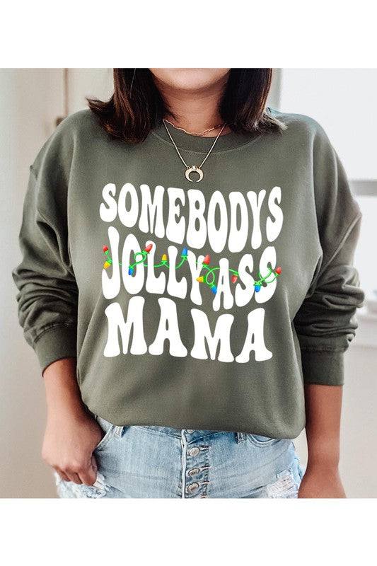 UNISEX FLEECE SWEATSHIRTSOMEBOBYS JOLLY ASS MAMA UNISEX FLEECE SWEATSHIRT50%POLY,37.5%COTTON,12.5%RAYONIMPORTMade In: USAFabric Contents: 95%RAYON,5%SPANSize Measurement (inch):
S: 38 (BUST