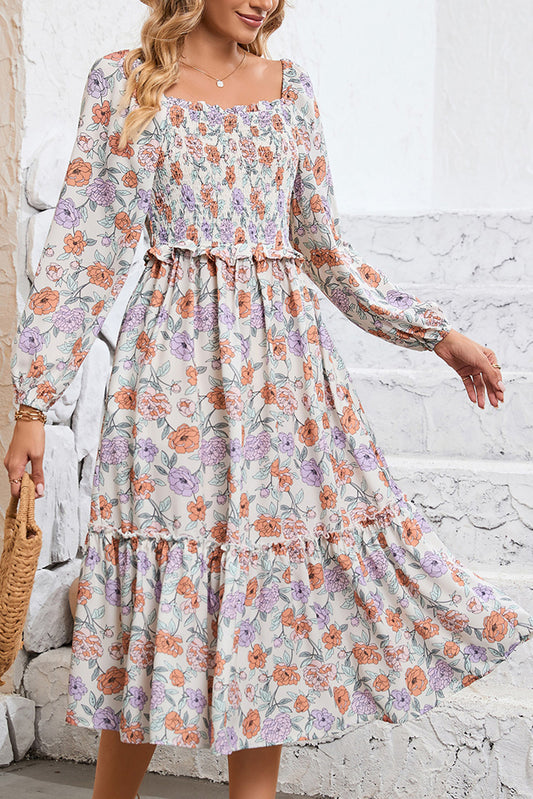 Multicolor Floral Print Smocked Pocketed Flared Midi DressMaterial:100%Polyester



		Get ready to turn heads in this gorgeous floral dress
	
	
		Featuring a square neckline and flowy tiered midi-length skirt silhouett