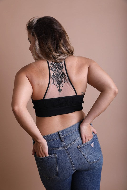 Plus Size Tattoo Mesh Racerback BralettePlus Size Tattoo Mesh Racerback BraletteHeat Stamped Care LabelAdjustable StrapImmediate ShippingCup Fit 1XL/2XL: Size 14-18 Bust 40"-44" Cup Fit 34DD 36D 38C 38D 40