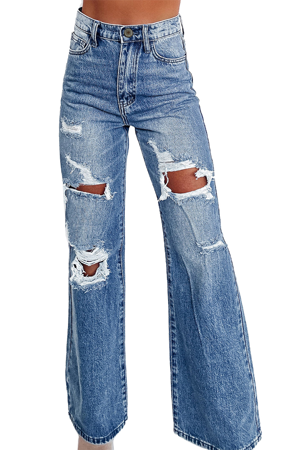 Ashleigh Blue Acid Wash Distressed Wide Leg High Waist JeansMaterial:93%Cotton+5%polyester+2%Elastane

• Distressed wide-leg jeans in a unique acid wash, perfect for a vintage look with a modern twist.
• High-waisted design