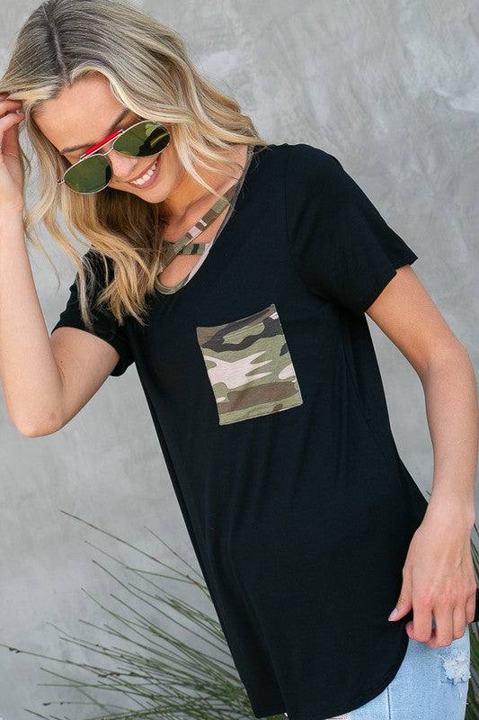 PLUS CAMOUFLAGE PRINT BASIC TOP- Plus camouflage print mixed basic top- Lace up v neck - Short sleeves and chest pocket- Camouflage print and solid jersey mixed- 1X/2X/3X 2-2-2- 95% RAYON, 5% SPAN