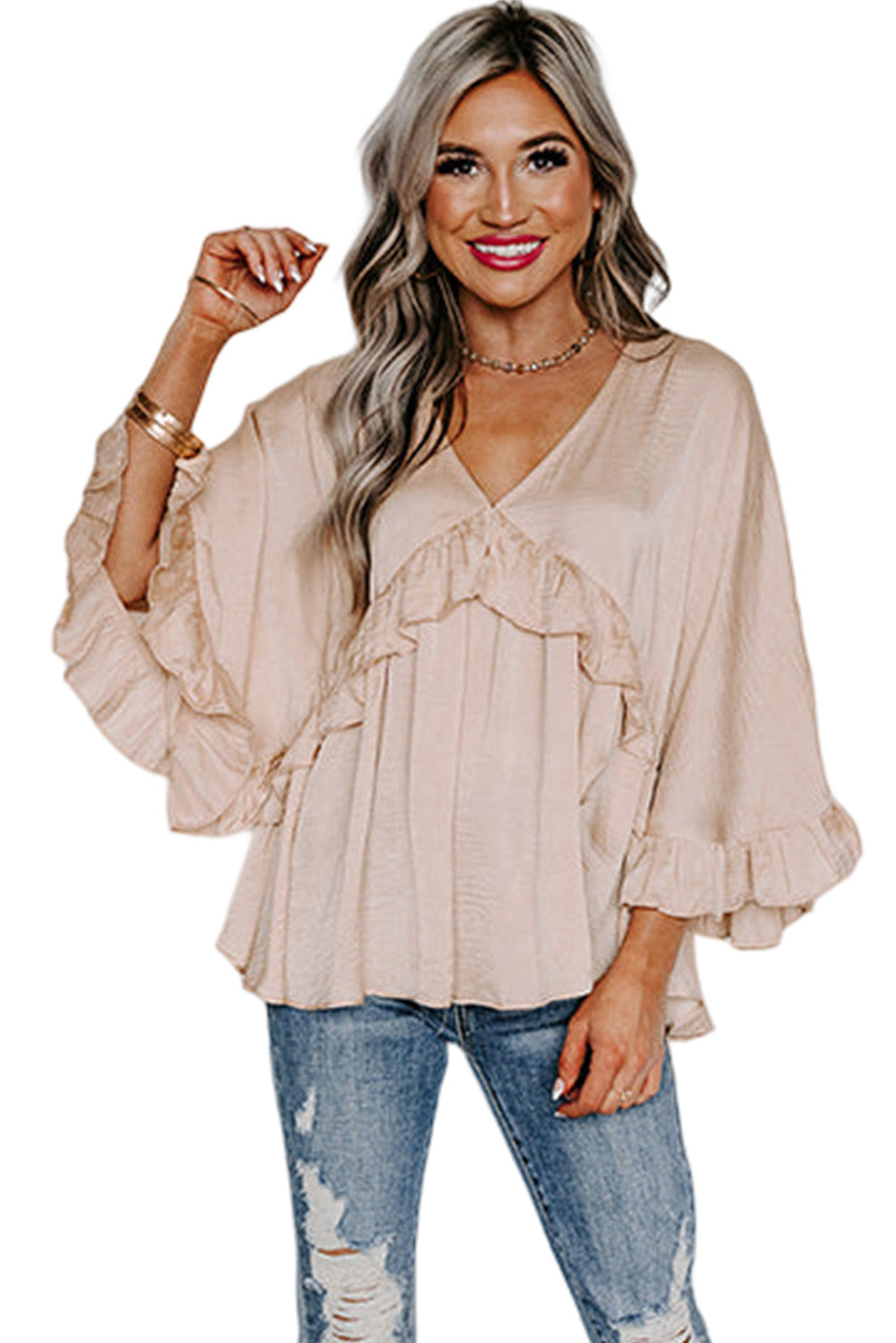 Apricot V Neck Draped Batwing Sleeve Ruffle TopMaterial:85%Viscose+10%Polyester+5%Elastane



		Elegant v-neckline accentuates collarbones
	
	
		Flowy draped fabric flatters all body types
	
	
		Batwing s