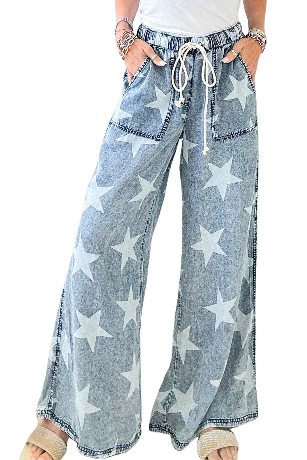 Light Blue Star Print Light Wash Drawstring High Waist Wide Leg JeansMaterial:82%Cotton+10%Polyester+8%Viscose

• Elevate your casual look with these light blue star print high waist jeans, featuring a trendy wide leg design for a ch