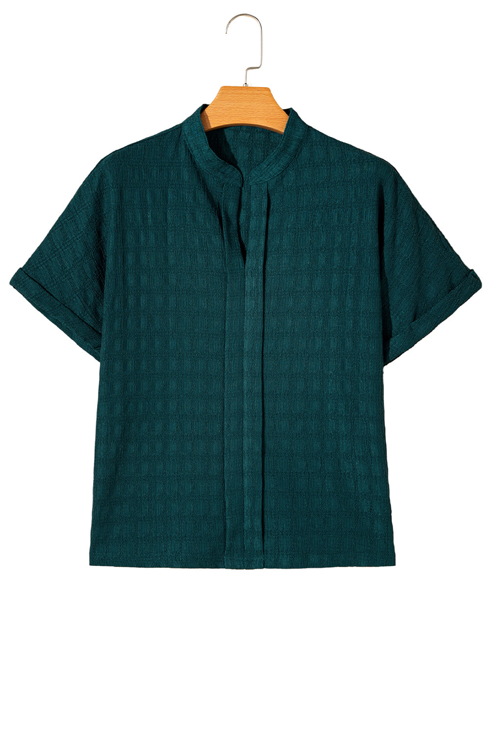 Sea Green Textured Split V-Neck Short Sleeve BlouseWith its flattering split V-neckline, this blouse adds a touch of elegance and sophistication to any outfit.
	
	
		The short sleeves provide a comfortable and bre