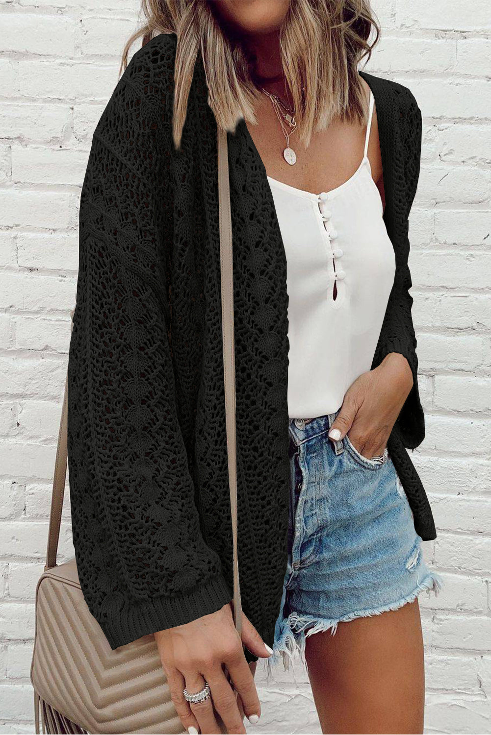 Apricot Hollow Out Crochet Knit Drop Shoulder Open Front Cardigan