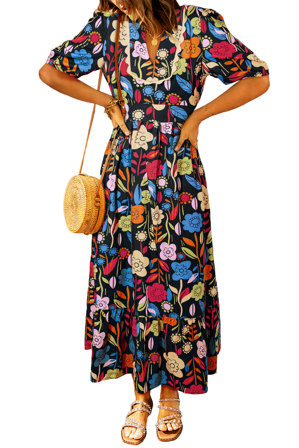 Green Floral Print Split V Neck Puff Sleeve Maxi DressMaterial:100%Cotton



		The dress is made from a soft and breathable fabric, ensuring comfort and a lightweight feel.
	
	
		This maxi dress features a split V 