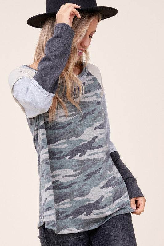 PLUS CAMOUFLAGE COLOR BLOCK TOPFRENCH TERRY CAMOUFLAGE PRINT AND SOLID COLOR BLOCKED LONG SLEEVE ROUND NECK RAW EDGE DETAIL PLUS TOP - MADE IN U.S.A
Style: Casual
Print / Pattern: CAMOUFLAGE PRINT