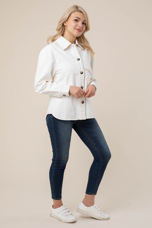 Denim shirt with pocket- Denim shirt with pocket- Pattern type : solid- Neck line : shirt collared- Sleeve type : regular sleeves- Sleeve length : long sleeves- Stretch : no stretch- Sheer