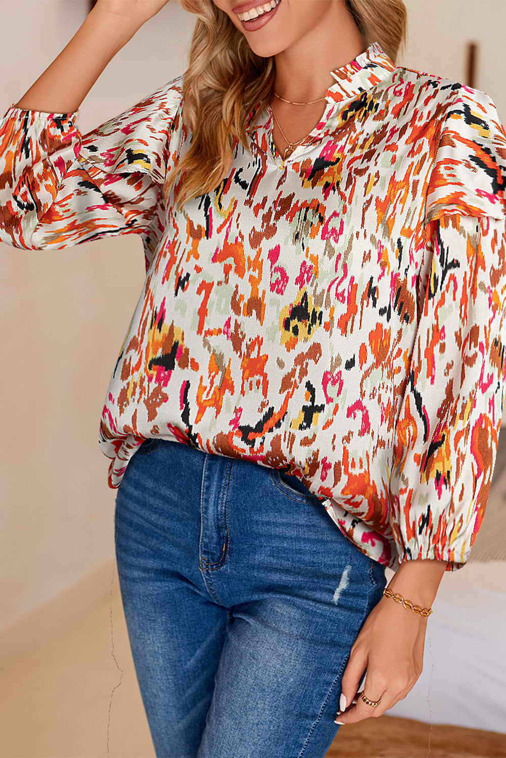 Multicolor Abstract Print 3/4 Puff Sleeve Ruffle BlouseMaterial:100%Polyester



		Elevate your style with this eye-catching multicolor abstract print blouse. 
	
	
		It's a well-received fashion choice. 
	
	
		Th