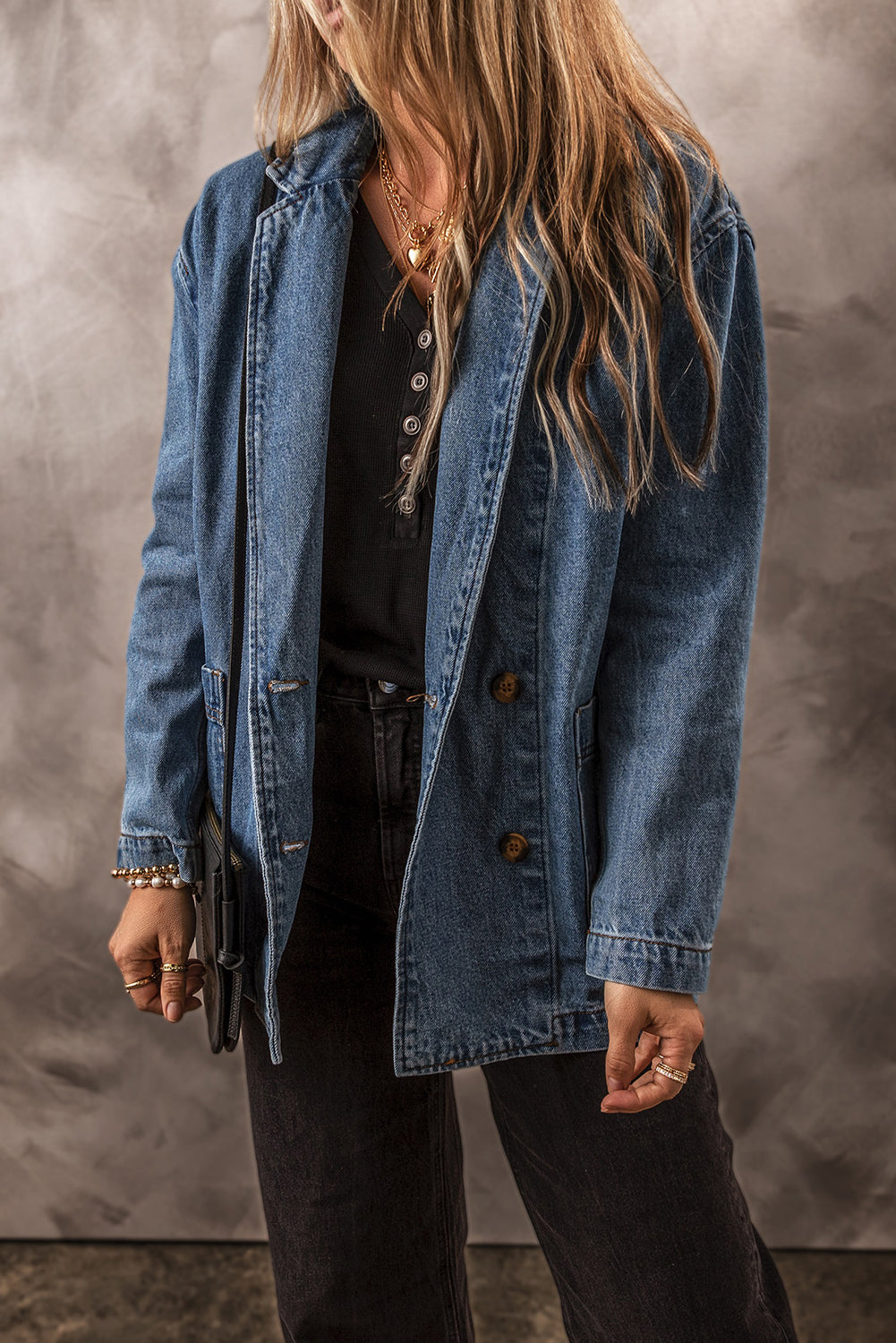 Black Lapel Collar Side Pockets Denim Jacket