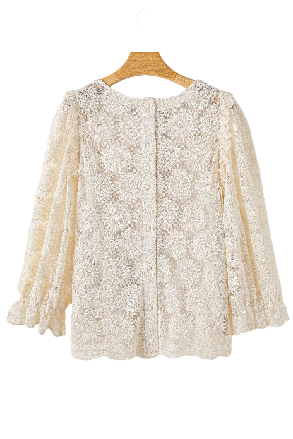 Oatmeal Flower Jacquard Button Back Ruffle 3/4 Sleeve BlouseMaterial:100%Cotton

• Luxurious flower jacquard fabric gives a sophisticated touch to this blouse, perfect for both casual and formal occasions.
• Delicate ruffle