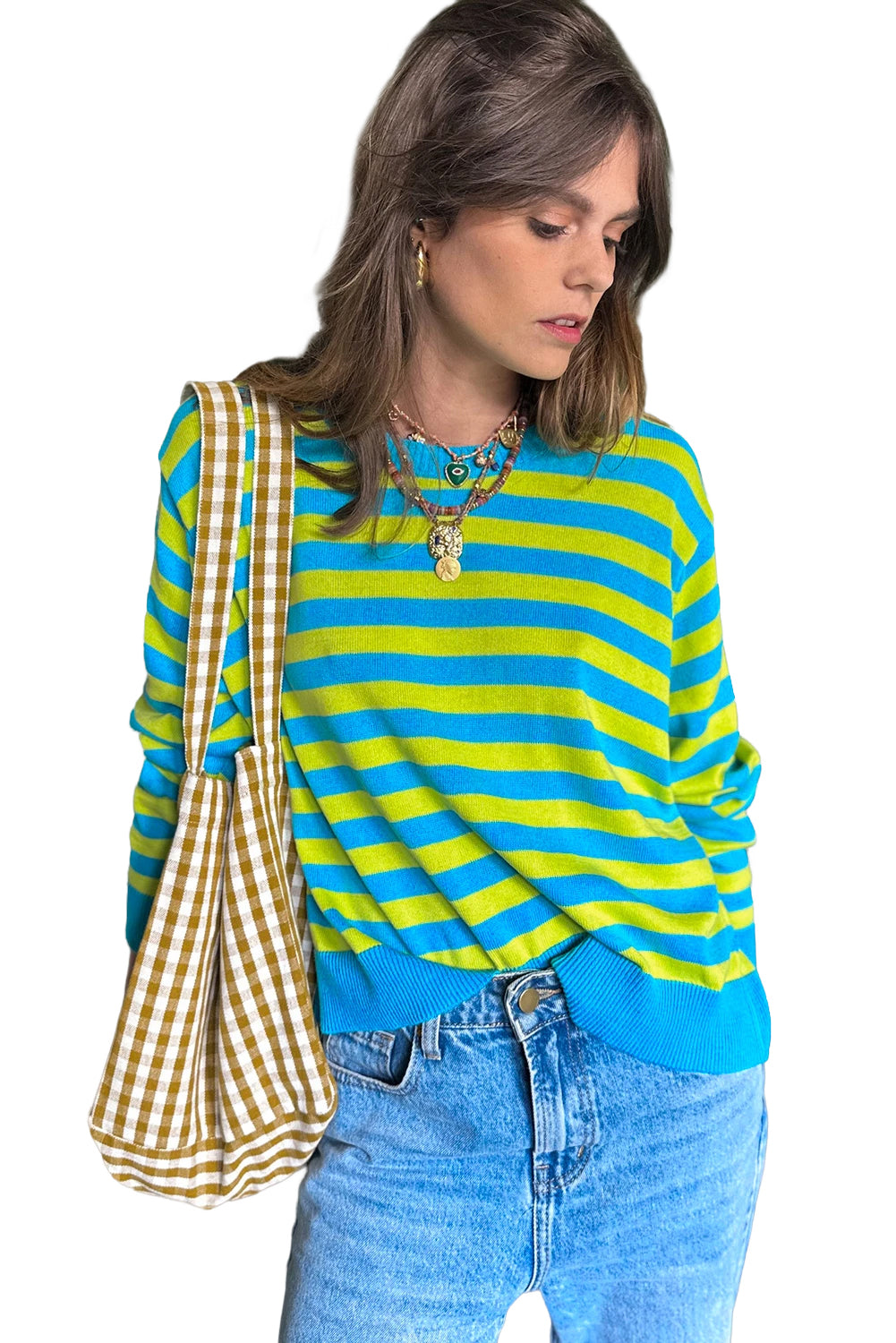 Green Stripe Crew Neck Drop Shoulder Casual SweaterMaterial:100%Viscose



		Timeless striped pattern offers this knitted top a versatile look.
	
	
		This striped sweater is classic with a crew neck.
	
	
		Lo