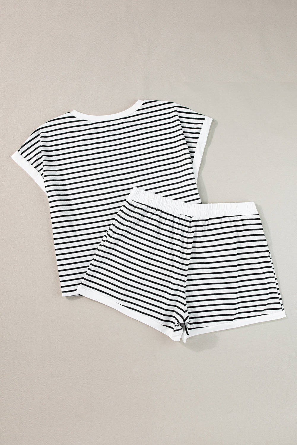 White Stripe Contrast Trim Rib Tee and Pocketed Shorts Set