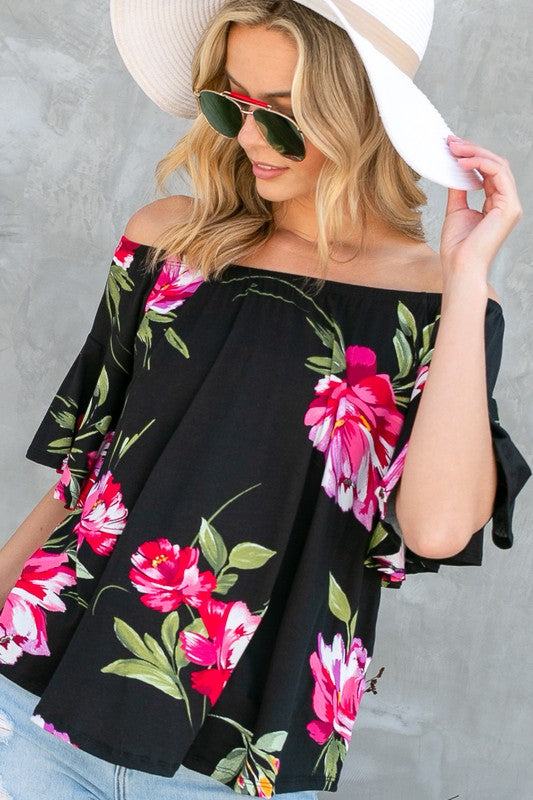 FLORAL OFF SHOULDER TOPFLORAL PRINT JERSEY ELASTICIZED OFF SHOULDER TOP- Floral off shoulder top- Elasticized off shoulder neckline- Ruffle short sleeves- Loose fit- Allover floral print j