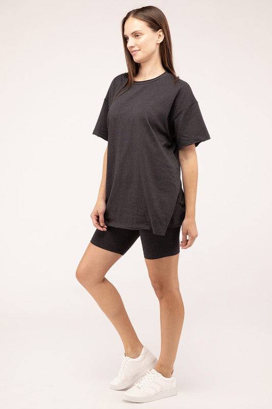 Cotton Round Neck Top & Biker Shorts SetThe Cotton Round Neck Top &amp; Biker Shorts Set is a stylish and versatile ensemble perfect for casual days or active wear. The top features a classic round necklin