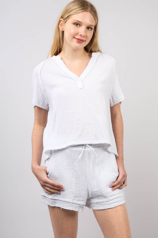 VERY J Washed Cotton Crinkle Gauze Top and Shorts SetRevamp your summer wardrobe with this Washed Cotton Crinkle Gauze Top &amp; Shorts Set, complete with stylish frayed hems for a trendy touch. The raglan short sleeve