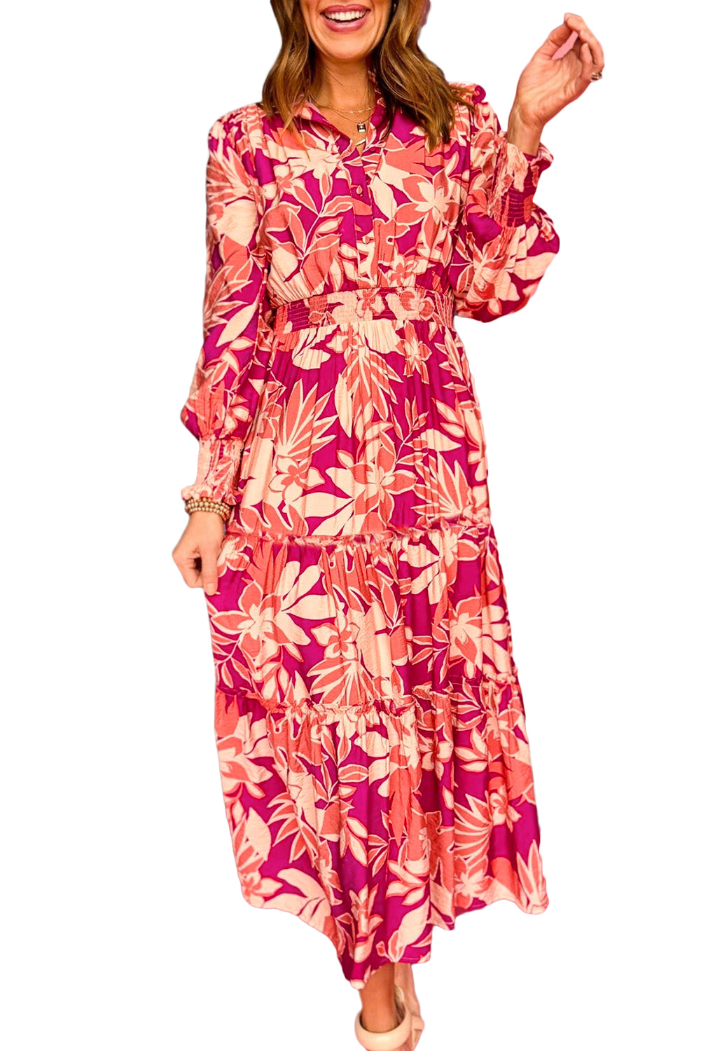 Rose Floral Print Buttoned Smocked High Waist Maxi DressMaterial:100%Cotton

• Embrace elegance with the dress, featuring a charming rose print that adds a touch of romance to your wardrobe.
• The high waist design of t