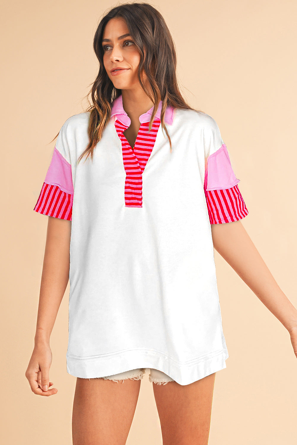 Pink Stripe Colorblock Sleeve Collared Mini DressMaterial:65%Polyester+35%Cotton

• The combination of pink and stripes adds a fun and trendy touch to your outfit.
• Embrace the relaxed vibes with the drop sleeve