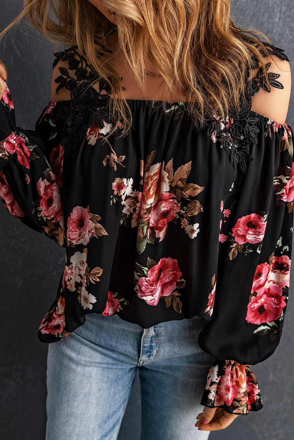 Black Floral Print Lace Loose Off Shoulder BlouseMaterial:100%Polyester



		The cold shoulder
design makes this blouse much sexier than you think
	
	
		The sleekness and
silkiness touch gives endless comfor