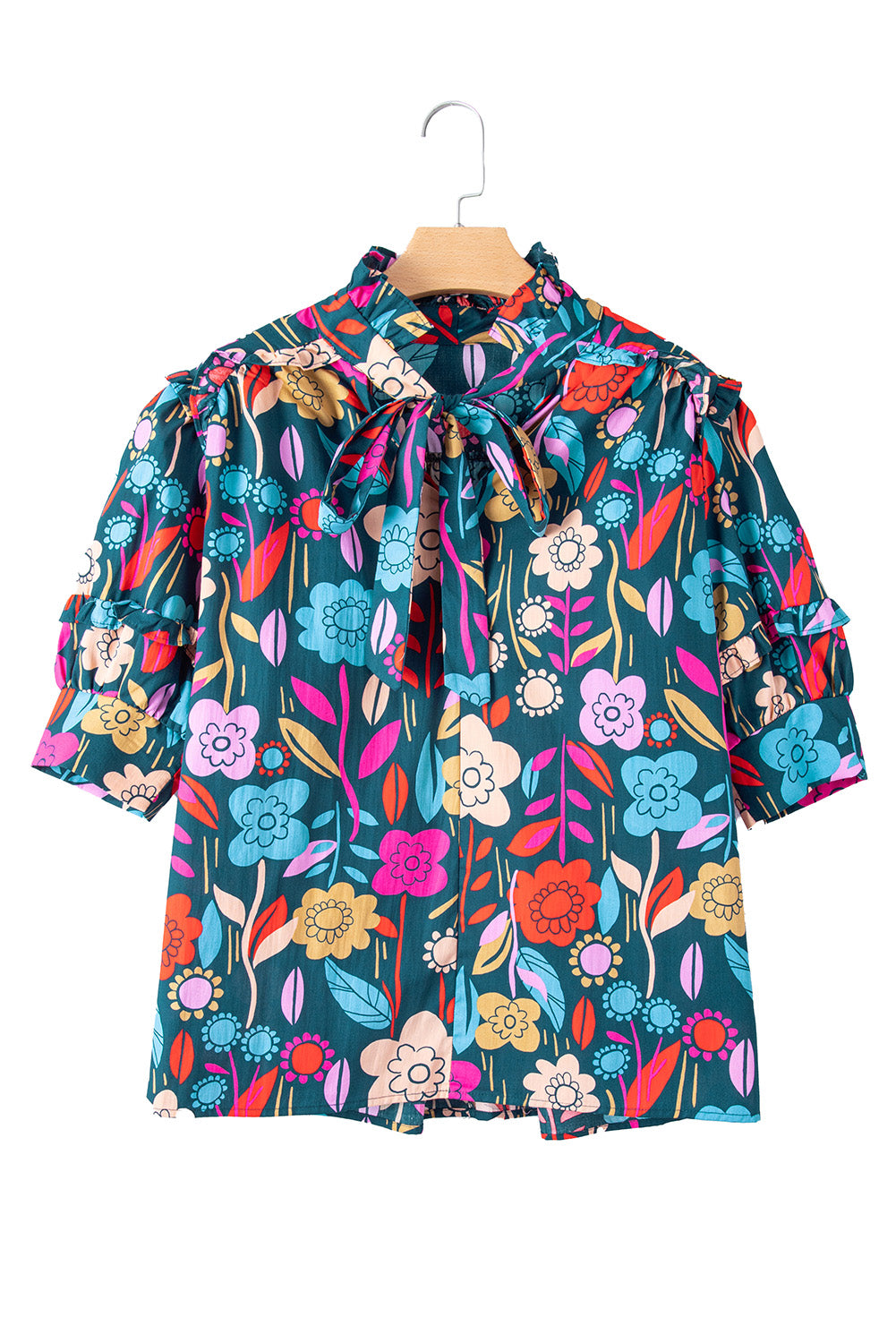 Green 60s Floral Print Puff Sleeve Tied V Neck BlouseMaterial:100%Cotton



		The blouse features a vibrant and eye-catching floral print, adding a pop of color and liveliness to your outfit.
	
	
		This blouse is 