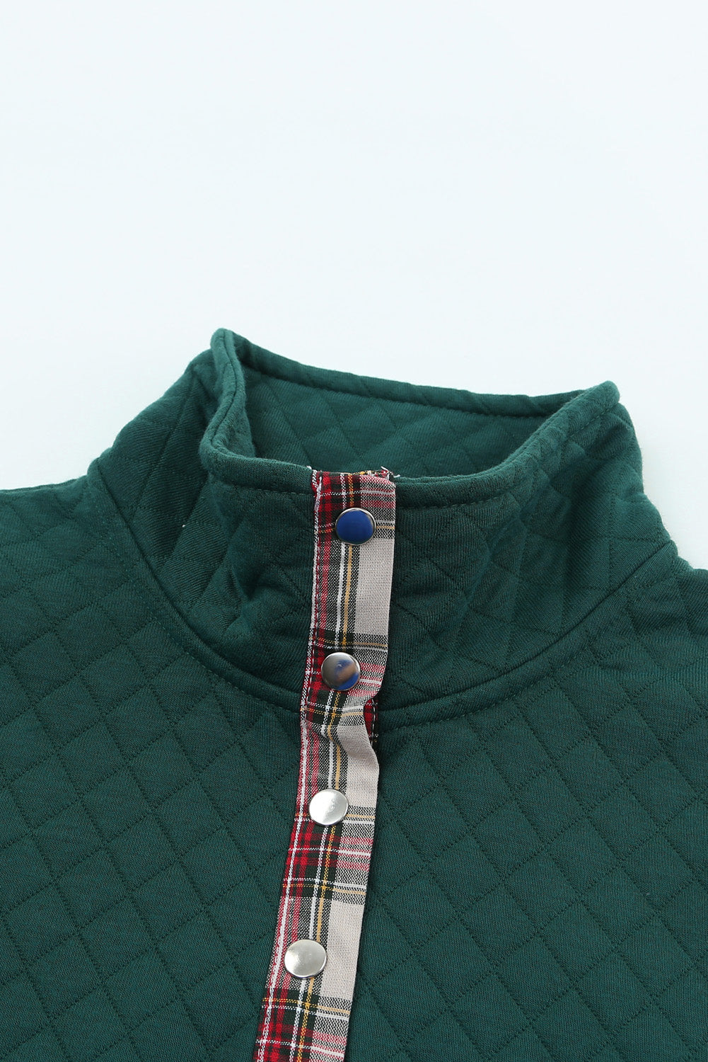 Red Plaid Geometric Texture Trim Button Neck Sweatshirt