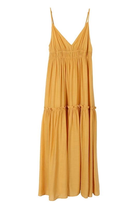 SL tank dress*Low cut mustard yellow tank dress*Pattern type : solid*Color : mustard*Neck line : V neck*Sleeve length : sleeveless*Stretch : no stretch*Sheer : lined, no see thro