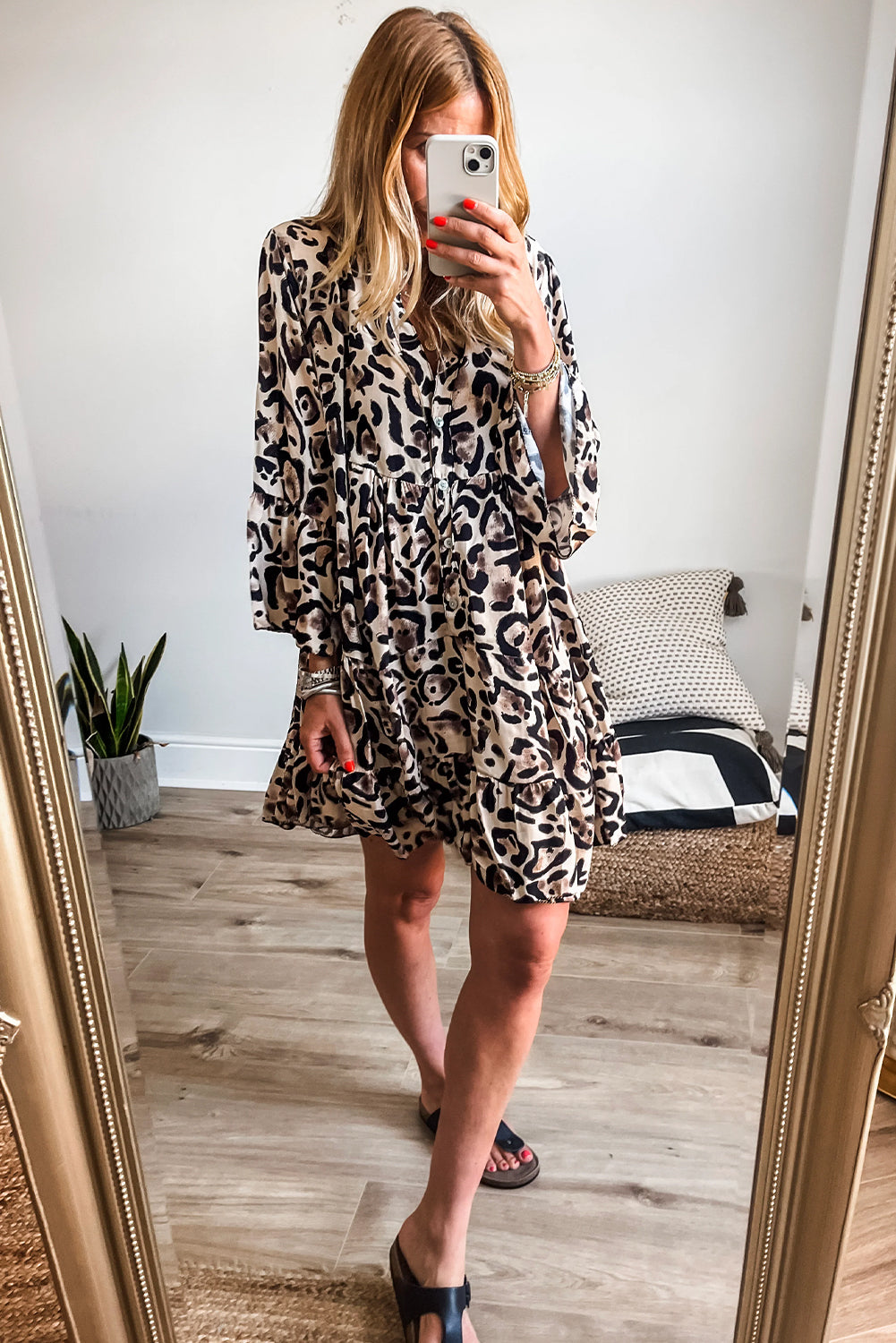 Khaki Leopard Button V Neck Pocket Flowy Mini Dress