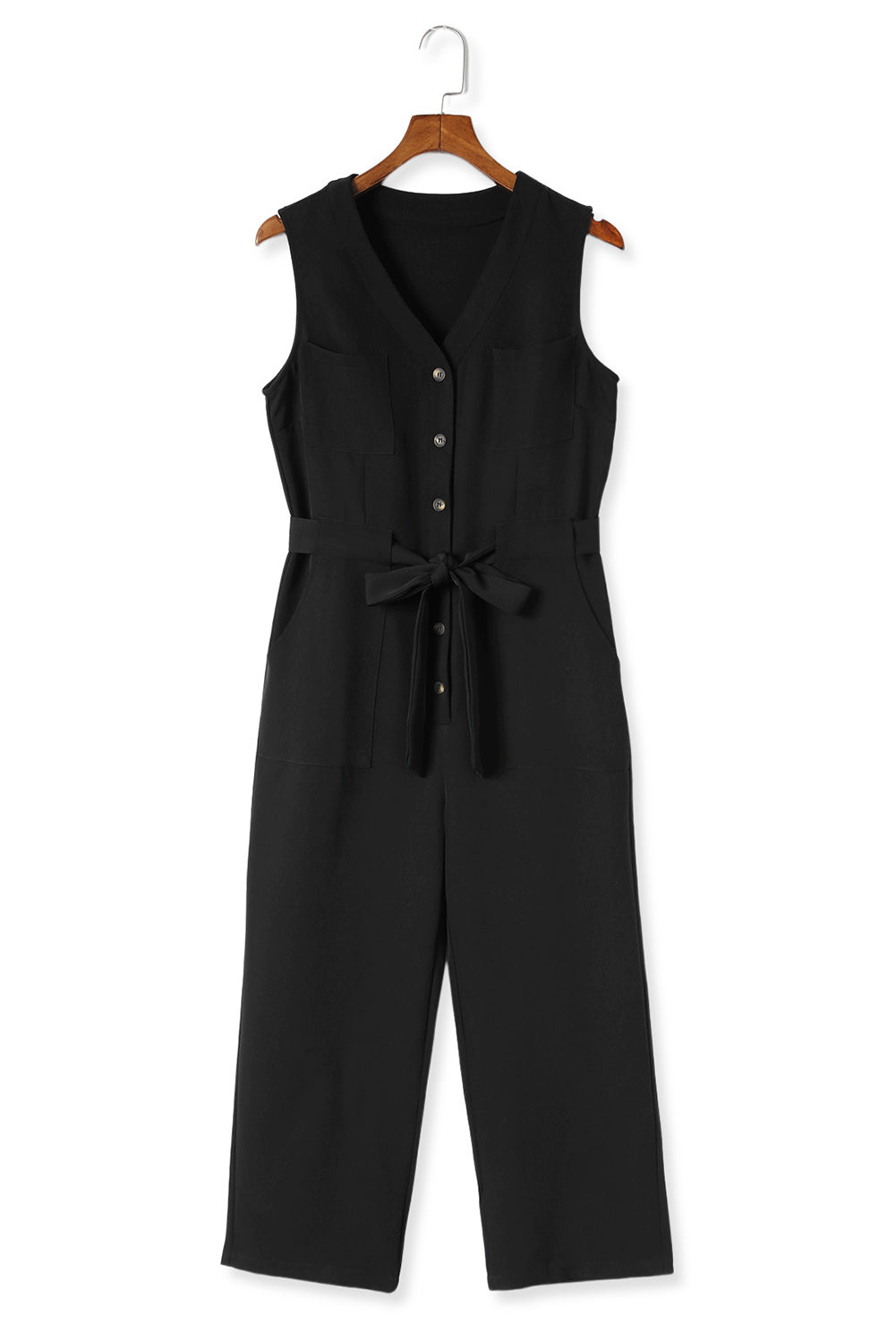 Pink Buttoned Sleeveless Cropped Jumpsuit With SashMaterial:95%POLYESTER+5%ELASTANE



		The
chic jumpsuit features a button-up front and a sleeveless design, making it
perfect for warm weather
	
	
		The
crop