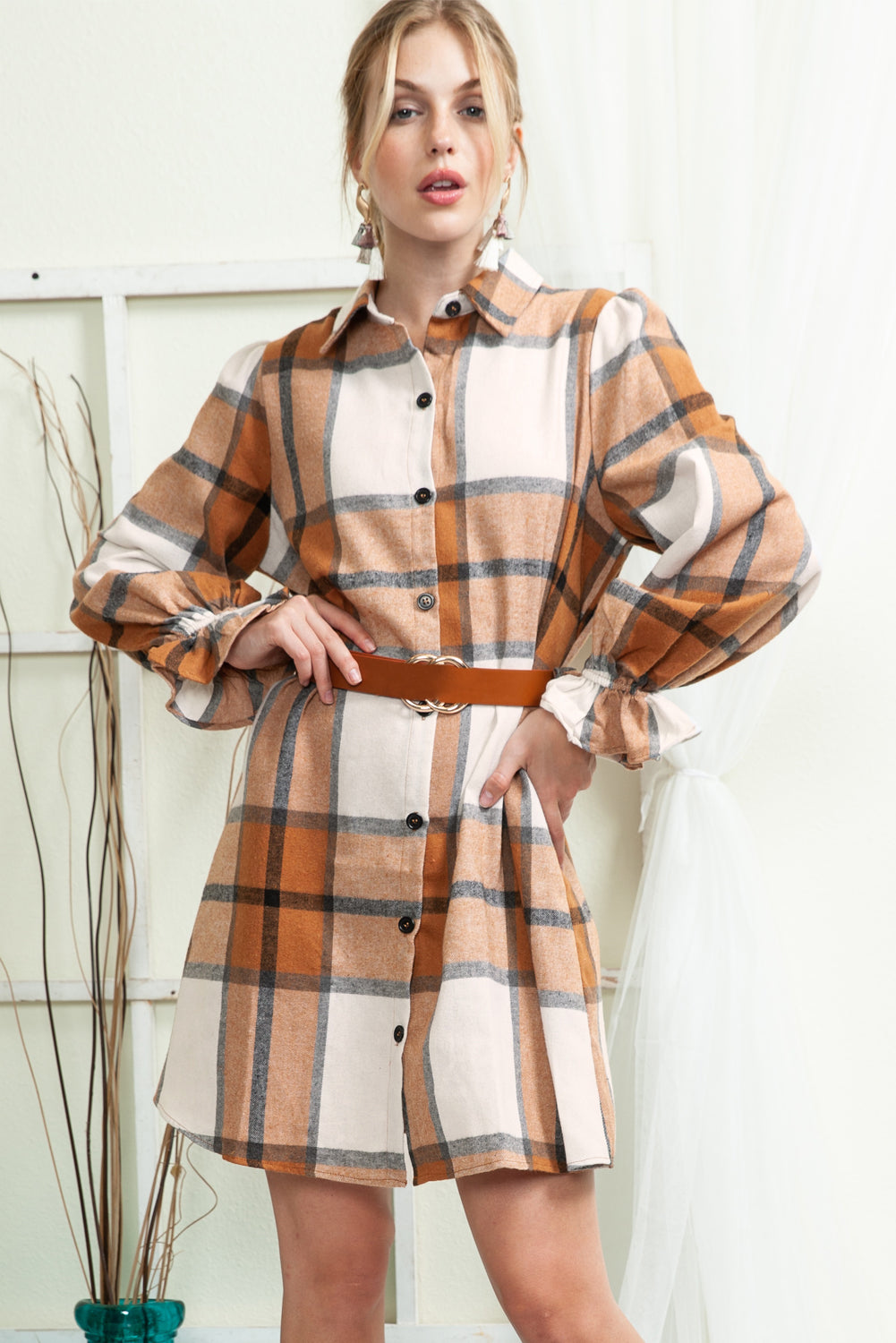 Khaki Plaid Pattern Collared Neck Ruffled Sleeve Shirt Dress