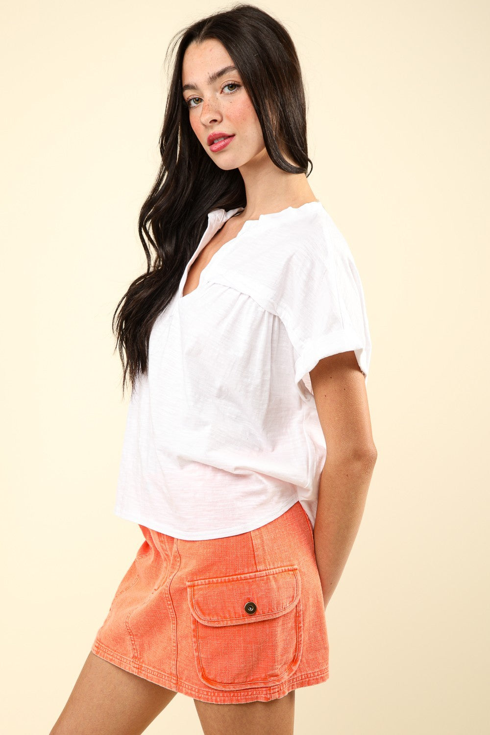 VERY J Nochted Short Sleeve Washed T-ShirtThe Notched Washed Knit Top features a stylish washed knit fabric for a laid-back yet trendy look. The short folded sleeves add a casual touch to the top, perfect fo