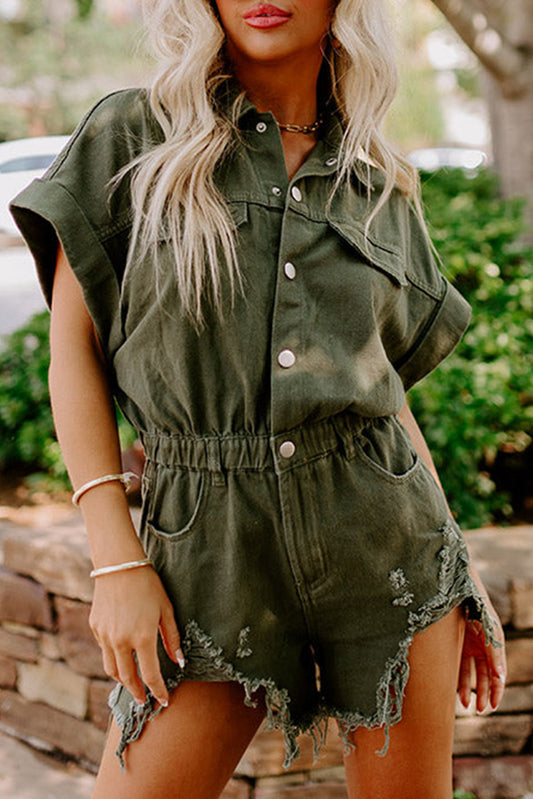 Moss Green Distressed Frayed Denim RomperMaterial:98%Cotton+2%Elastane

• This romper offers a comfortable and stretchy fit for all-day wear.
• The moss green hue brings a touch of nature-inspired charm, 