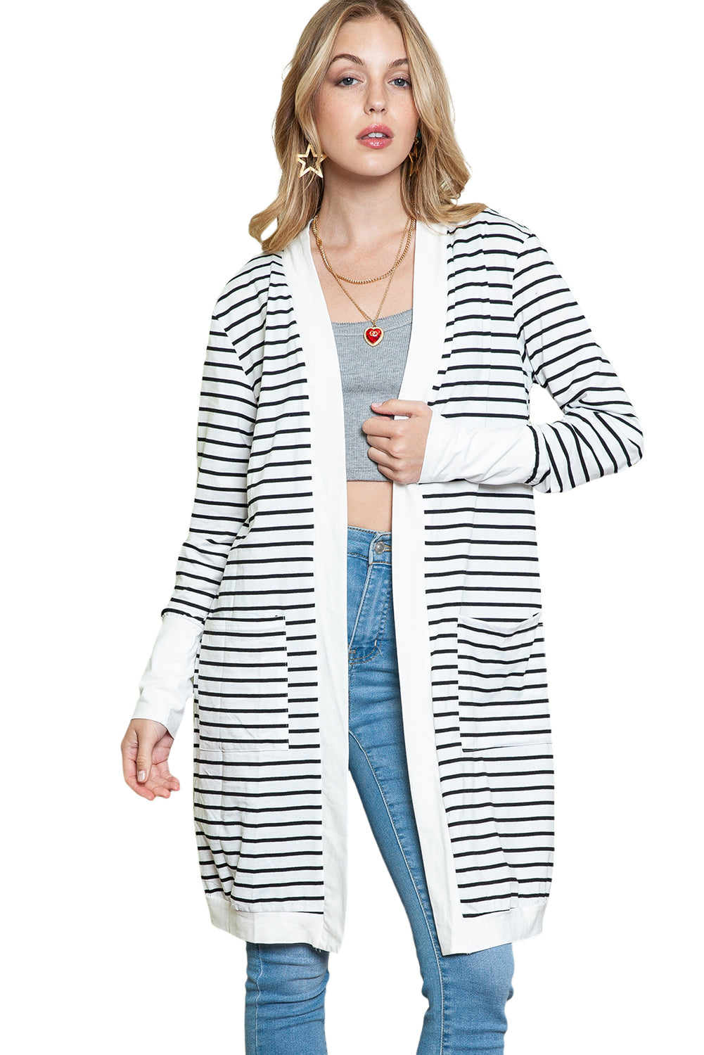 Brown Striped Side Pockets Open Front Long Cardigan