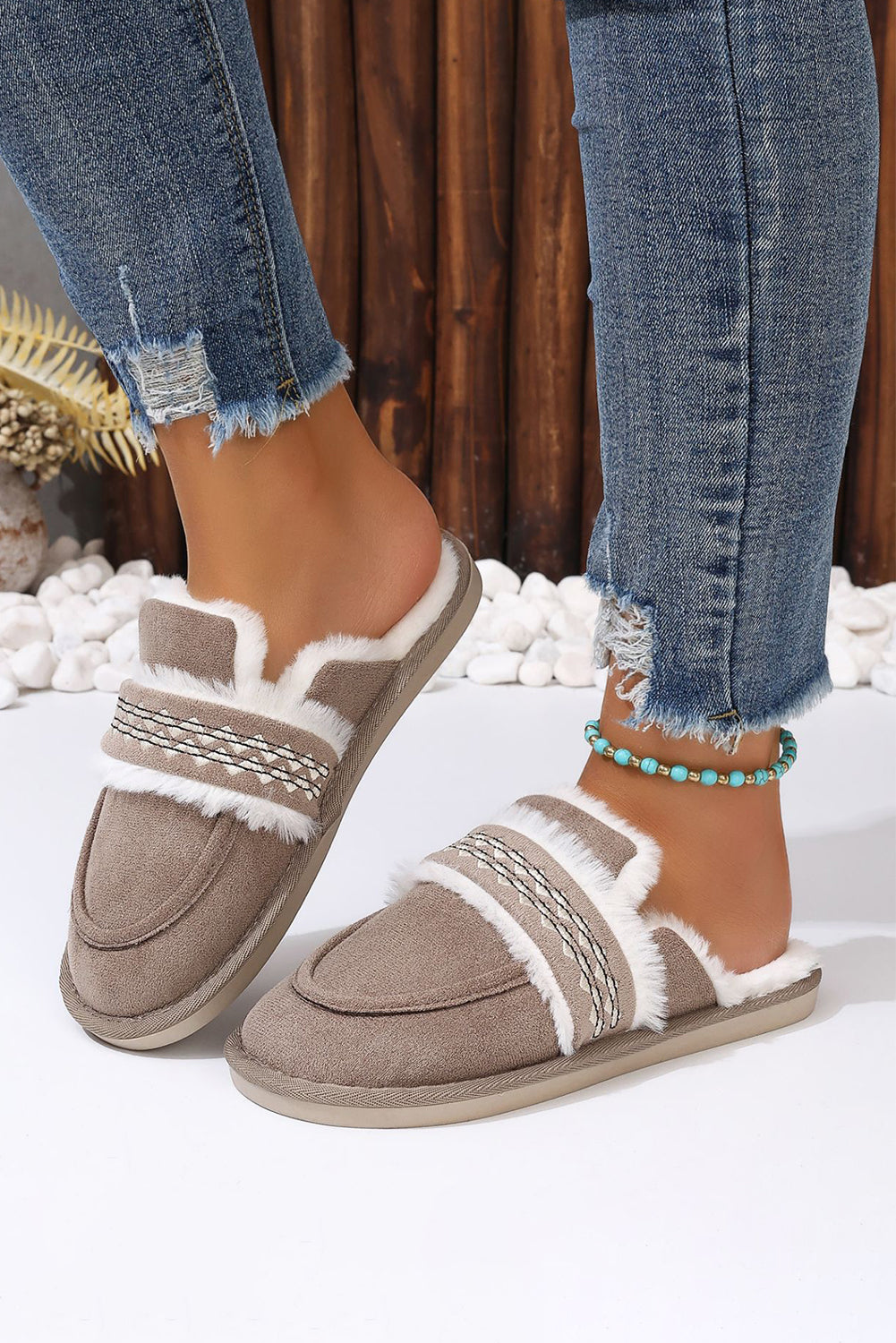 Chestnut Suede Wavy Striped Plush Lined Home SlippersThe plush lining ensures ultimate comfort and warmth during chilly evenings.
	
	
		Slip-on style for convenience and ease of wear, perfect for lounging around the