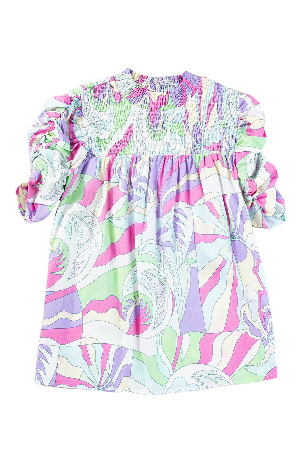 Pink Abstract Print Smocked Bubble Sleeve BlouseMaterial:100%cotton


	


		The blouse features a vibrant and unique abstract print, adding a pop of color to your outfit.
	
	
		The bubble sleeves add a play