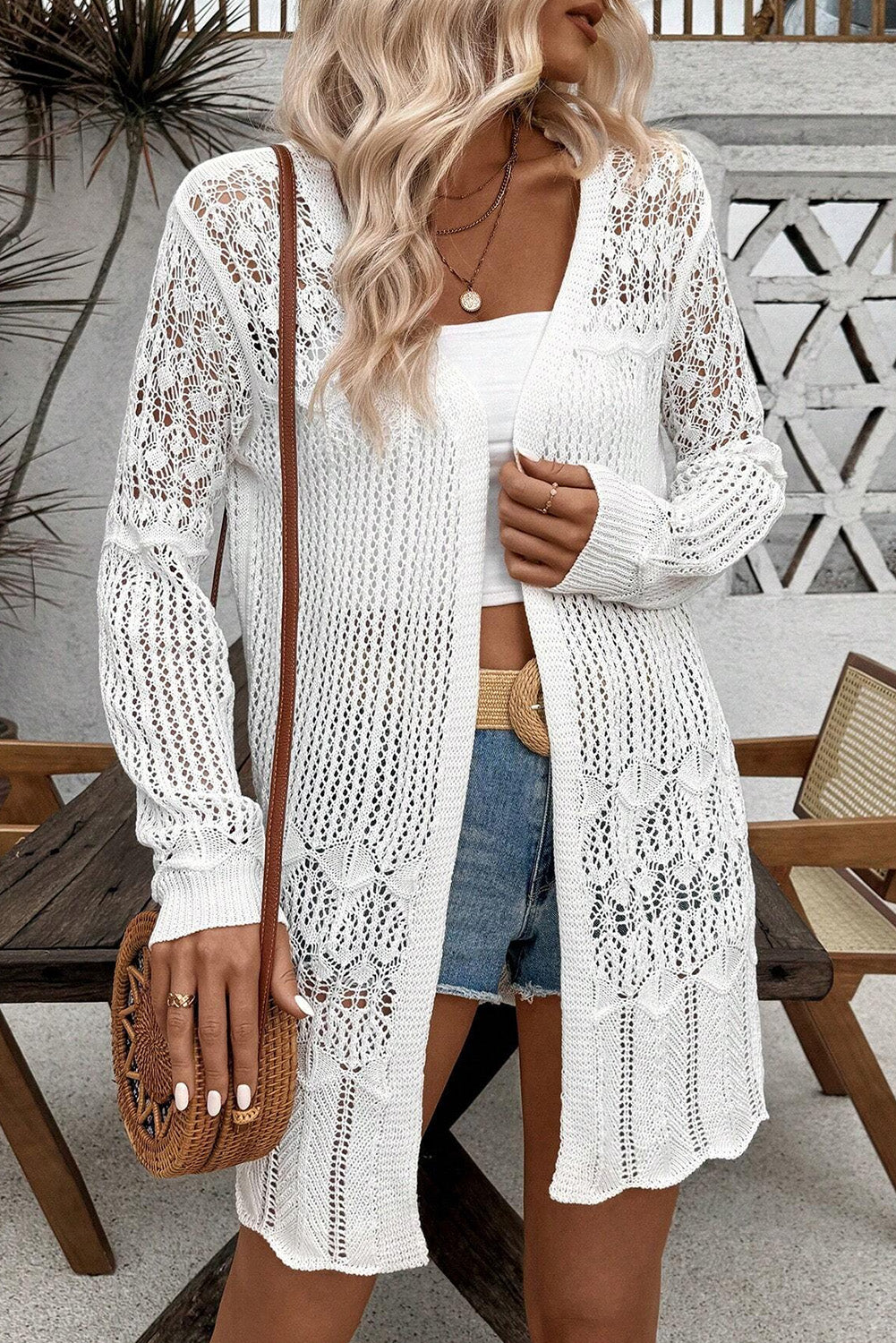 Black Hollow Out Crochet Open Front Long Cardigan