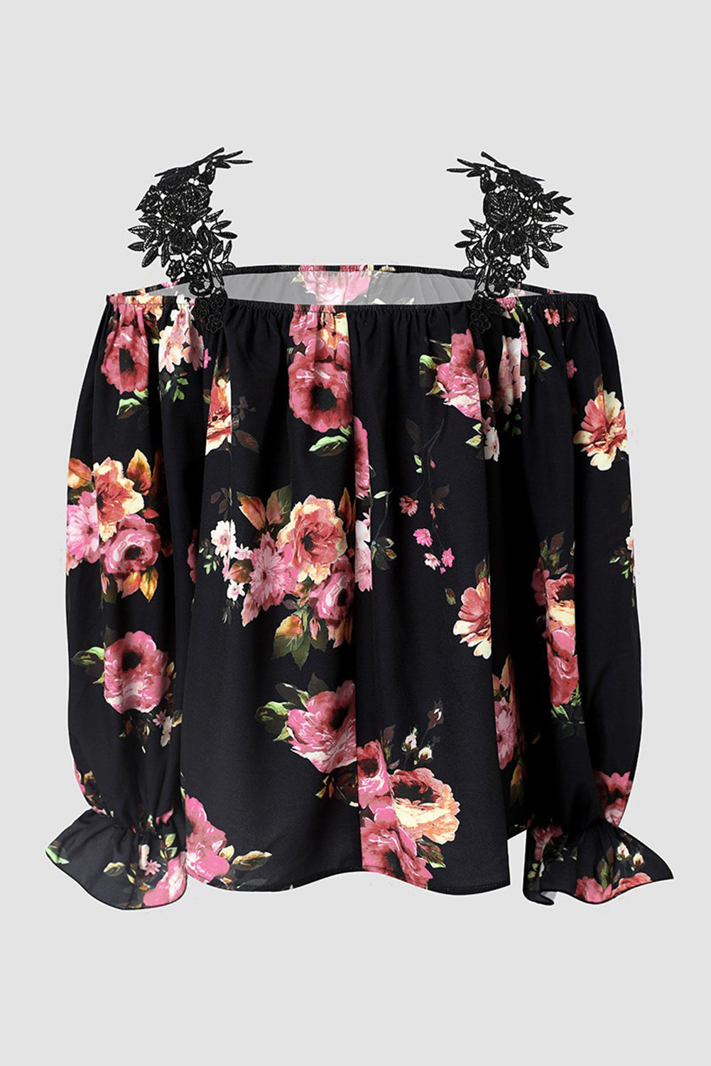 Black Floral Print Lace Loose Off Shoulder BlouseMaterial:100%Polyester



		The cold shoulder
design makes this blouse much sexier than you think
	
	
		The sleekness and
silkiness touch gives endless comfor