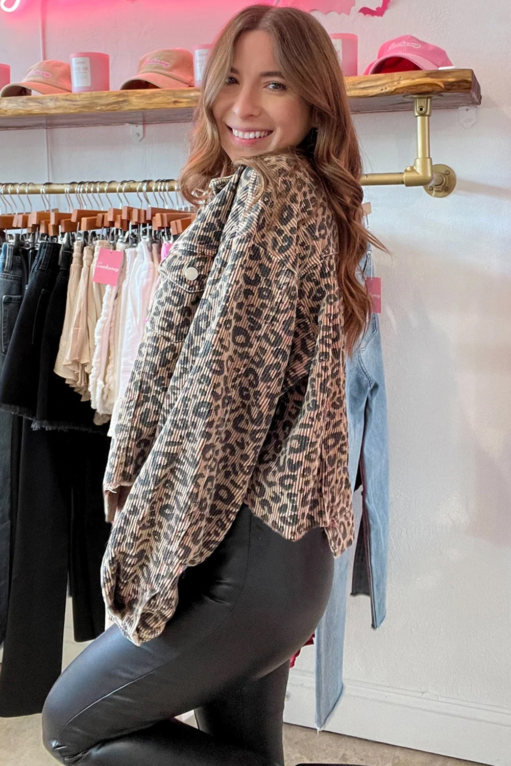 Dark Khaki Leopard Print Raw Hem Cropped Jacket