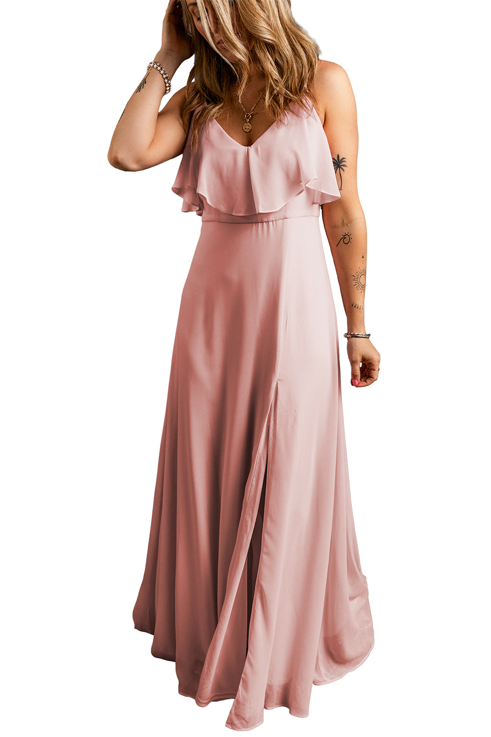 Light Pink Spaghetti Straps V Neck Ruffled Split Long DressMaterial:100%Polyester

• Effortlessly elegant, this dress features a charming ruffled design that cascades down the front.
• The flattering V-neckline and delicat