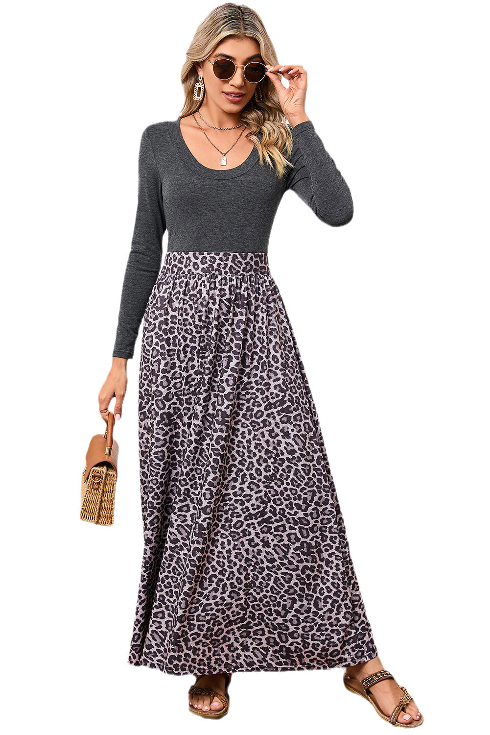 Black and Leopard Print Long Sleeve Boho Maxi DressMaterial:95%POLYESTER+5%ELASTANE



		• Made from high-quality materials, this dress is comfortable and durable, ensuring it will be a staple in any wardrobe for y