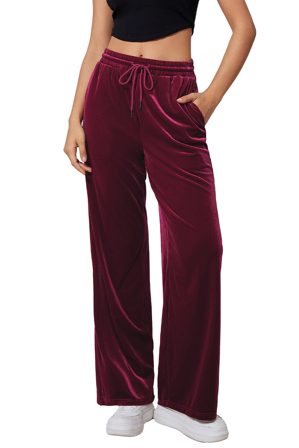 Burgundy Solid Drawstring Waist Wide Leg PantsMaterial:95%Polyester+5%Elastane

• Luxurious burgundy color adds a touch of sophistication to these wide-leg pants, suitable for both casual outings and formal eve