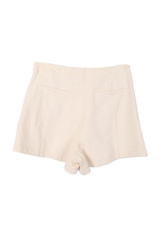 line shorts*Straight high waisted slant pocket line shorts*Pattern type : solid white denim fabric*Stretch : no stretch*Sheer : not lined, but not sheer*Care instruction : mach