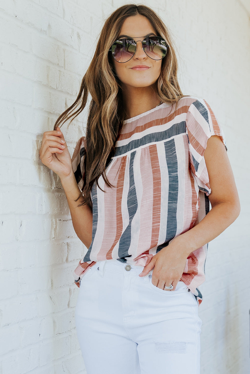 Pink and Blue Stripes Shirt Flutter Sleeve V Neck BlouseMaterial:100%Polyester


	•This simple striped print top looks very stylish and casual, and you'll get a lot of compliments wearing it 


	•Drawstring neckline 