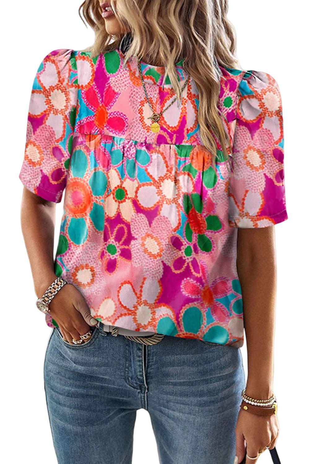 Purple Floral Print Crew Neck Short Sleeve BlouseMaterial:100%Polyester



		This blouse can be ordered in bulk for wholesale purposes.
	
	
		The floral print creates a delicate and romantic look.
	
	
		The