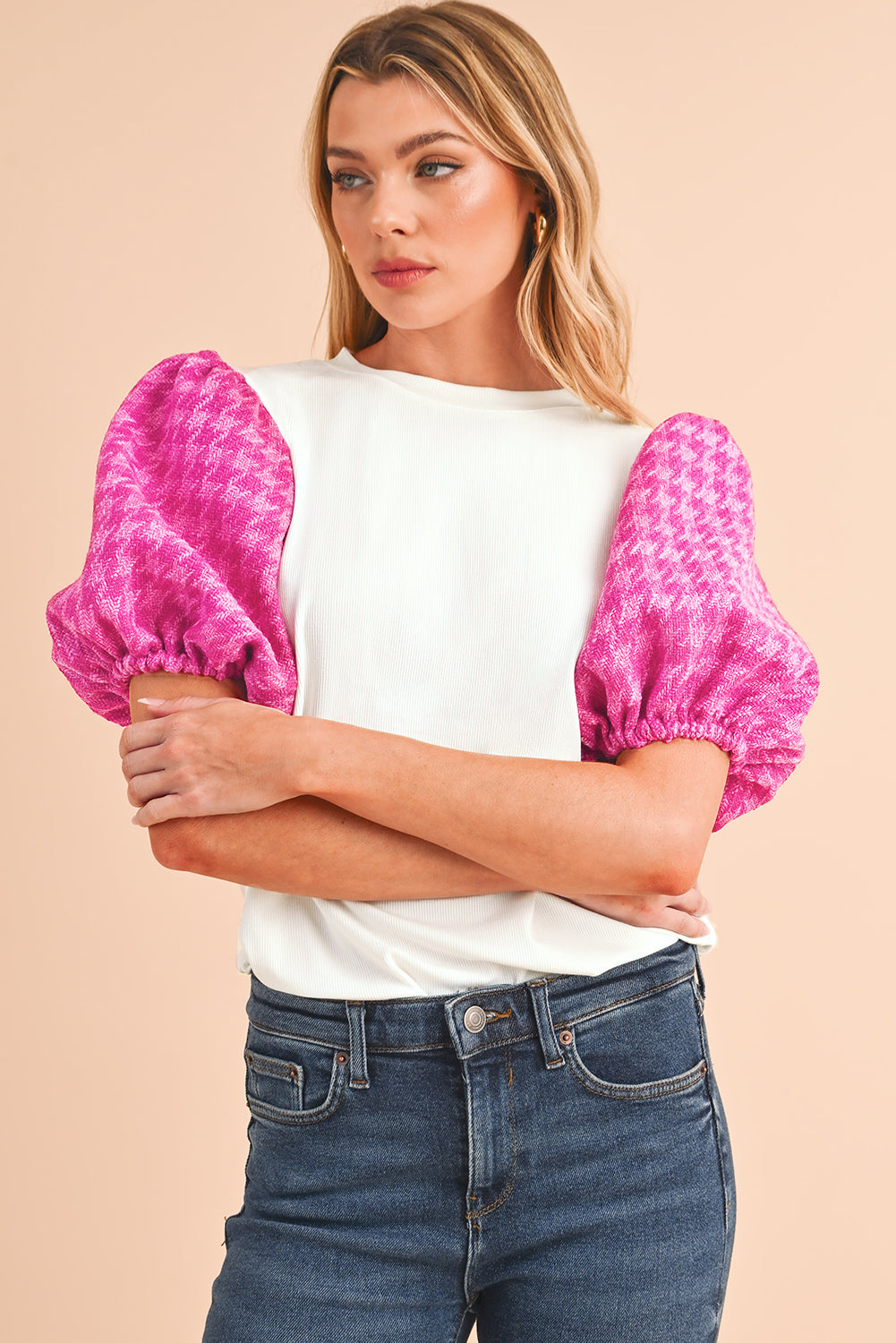 White Tweed Lantern Sleeve Patchwork BlouseMaterial:93%Viscose+7%Elastane



		The blouse features lantern sleeves, which are characterized by their voluminous and puffed shape. 
	
	
		The blouse can be 