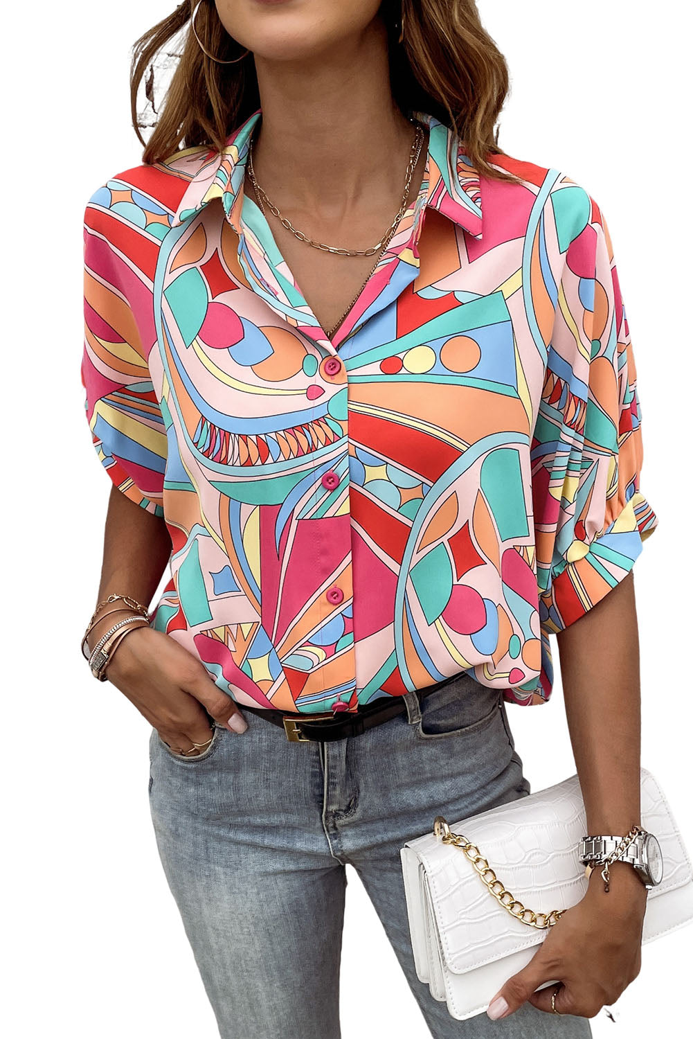 Multicolor Abstract Print Half Batwing Sleeve Loose Blouse