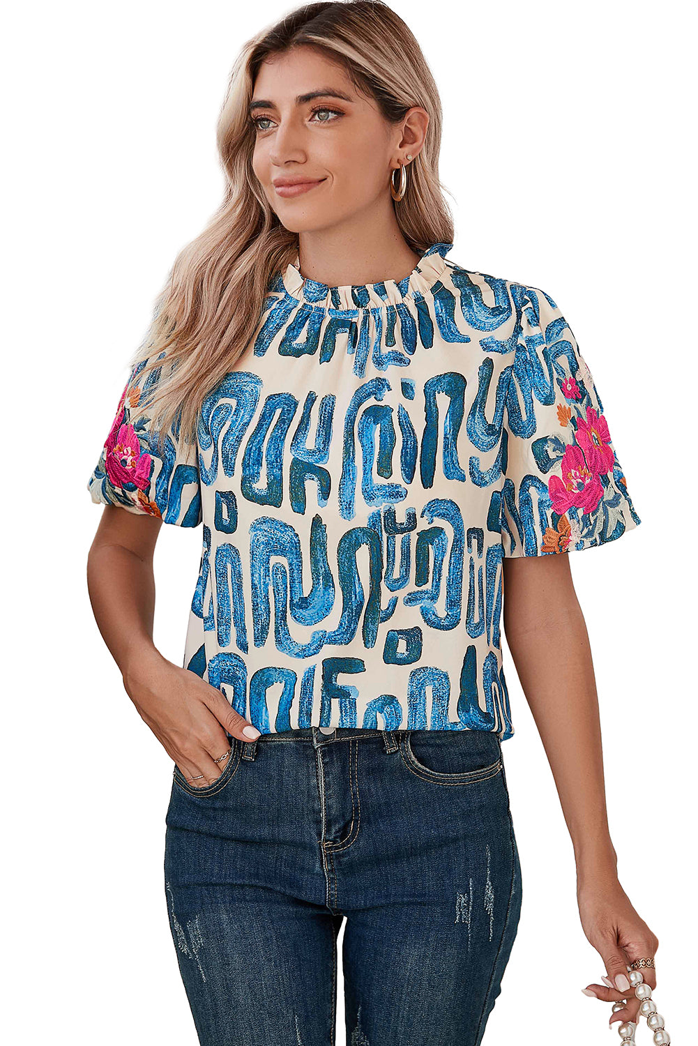 Blackish Green Abstract Floral Print Frilled Neck Puff Sleeve BlouseMaterial:100%Polyester



		Made from breathable, lightweight, and stretchy fabric, it's friendly against your skin and perfect for any occasion. 
	
	
		It's a 