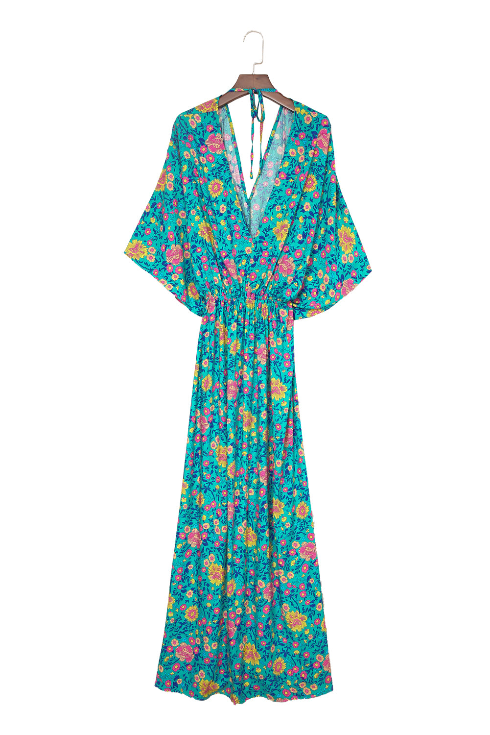 Floral Print Deep V Neck Flutter Sleeve Boho Maxi Dress