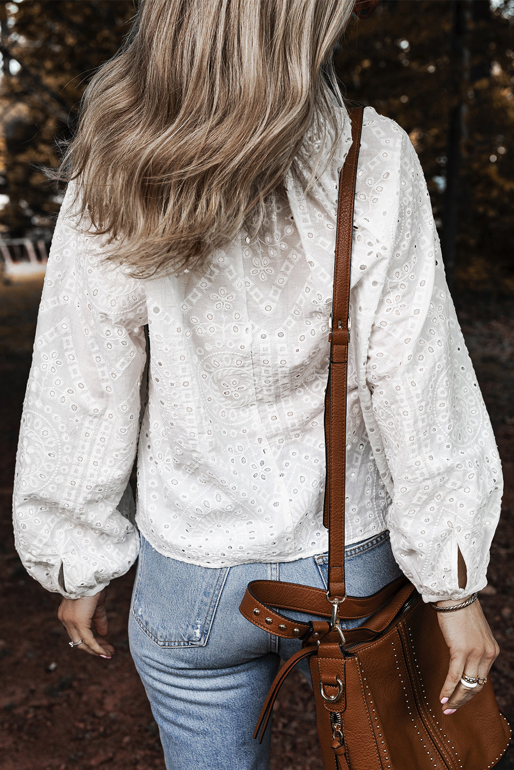 White Eyelet Embroidered V Neck Puff Sleeve BlouseMaterial:100%Cotton

• Delicate white eyelet embroidery adorns this charming blouse, adding a touch of elegance to your outfit. 
• The V-neck design creates a flat